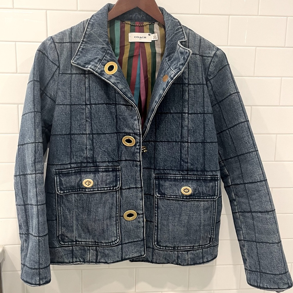 Coach denim jacket work festival blazer coat small 2 cute small fit chic